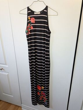 DESIGUAL Women Maxi Dress Size Small Black And White Stripes Floral Details